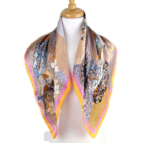 26"x26.5" GOLD BEIGE ORANGE FLORAL PRINT SILK HANDROLLED SCARF SHAWL WRAP (B46 - Picture 4 of 7